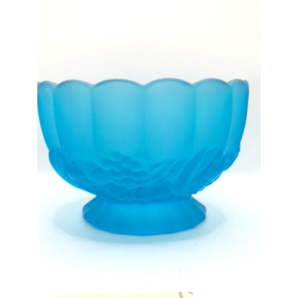 Vtg Indiana Blue Satin Glass Bowl Pedestal Fruit Garland Panel 8.25" Mid Century